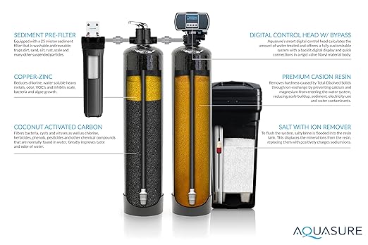 Aquasure Signature Series 32,000 Grains Complete Whole House Water Treatment System with Digital Metered Control Head, Chlorine Reduction, for 1-2 Bathrooms