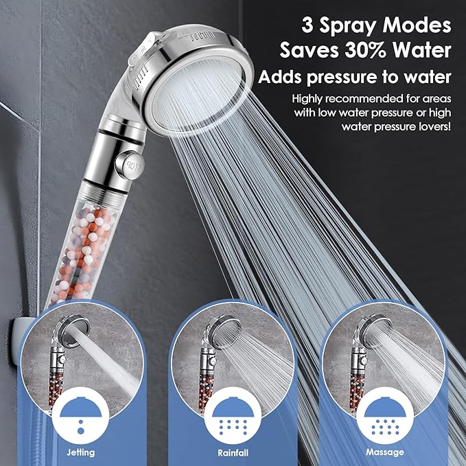 Vacto High Pressure Handheld Shower Head with Filter, Hard Water Softener Water Purifying Filtered Showerheads with Filter Beads, Shower Head Kits (No Hose and Bracket)
