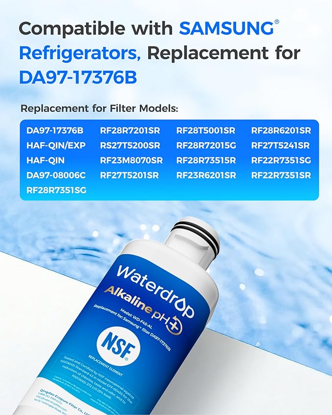 Waterdrop Alkaline DA97-17376B Refrigerator Water Filter, Replacement for Samsung® HAF-QIN/EXP, DA97-08006C, RF28R7201SR, RF28R7351SG, WD-F45-AL, Enhances pH, 4 Pack