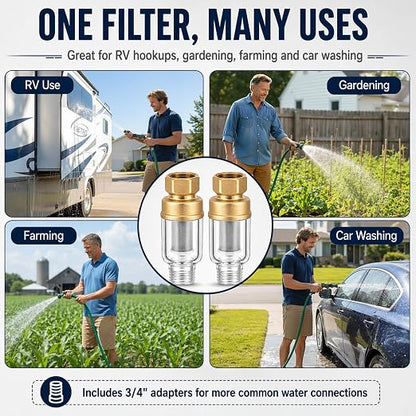 2 Pack Sediment Water Filter for Washing Machine, Reusable | Inline Water Pre-Filter with 3/4" Brass Adapters, 50 Micron Stainless Steel Screen Filter for Water Heaters, Showers, Faucet