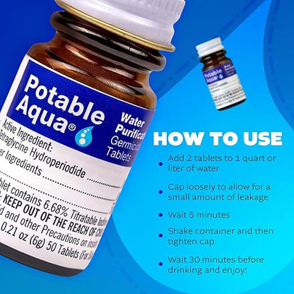 Potable Aqua Water Purification Treatment - Portable Drinking Water Treatment for Camping, Emergency Preparedness, Hurricanes, Storms, Survival, and Travel (50 Tablets), Black, single pack