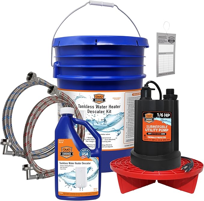 Chromex Tankless Water Heater Flush Kit with Certified Liquid Descaling Solution and Right Angle Inlet Hoses & 1/6HP Extra Strength Pump