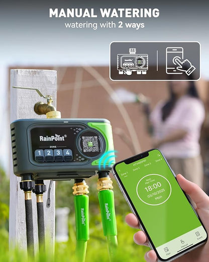 RAINPOINT WiFi Sprinkler Timer 4 Zone, Outdoor Smart Water Timer for Garden Hose with Brass Inlet&Outlet, Custom Programs via APP/Voice Control for Automatic Watering System
