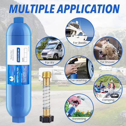 2PK RV Water Filter Kit, Inline Carbon Filter with Flexible Hose | Multi-Stage Filtration, Food-Grade Housing, Reduces Chlorine, Sediment, Bad Taste and Odor, Tool-Free Hose Connection