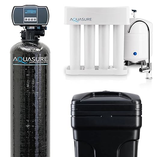 Aquasure 32,000 Grains Whole House Water Filter Bundle with Automatic Digital Metered Control Softener and 75 GPD RO Reverse Osmosis Drinking System | Removes Hardness | Ideal for 1-3 bathrooms