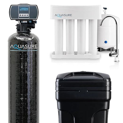 Aquasure 32,000 Grains Whole House Water Filter Bundle with Automatic Digital Metered Control Softener and 75 GPD RO Reverse Osmosis Drinking System | Removes Hardness | Ideal for 1-3 bathrooms