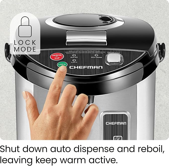 Chefman Electric Hot Water Pot Urn w/Auto & Manual Dispense Buttons, Safety Lock, Instant Heating for Coffee & Tea, Auto-Shutoff & Boil Dry Protection, Insulated Stainless Steel, 3.6L/3.8 Qt/20+ Cups