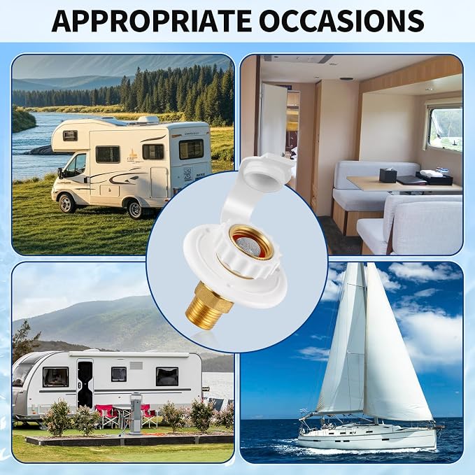 RV City Water Fill Inlet Flange Check Valve Water Hookup Connector 3/4 NH Female to 1/2 NPT Male Mount Lead-Free Brass Flush RV Water Backflow Preventer with Dust Plug for RV Camper Motorhome