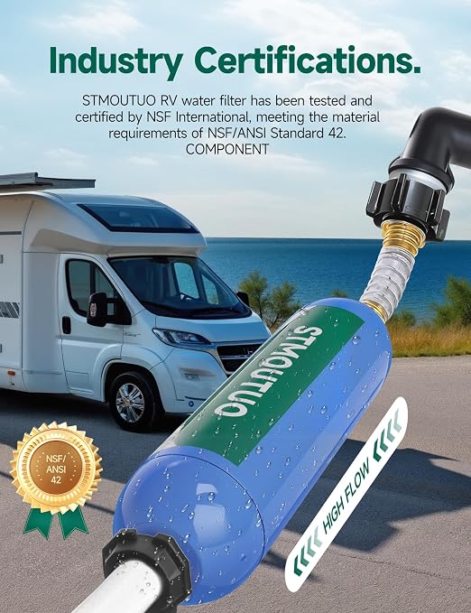 STMOUTUO RV Water Filter with Hose Protector, 2 Pack for Camper. | NSF/ANSI 42 filter with GAC & KDF reduces chlorine, heavy metals, fluoride, silt, rust and odors. for RV, Camper, Garden.
