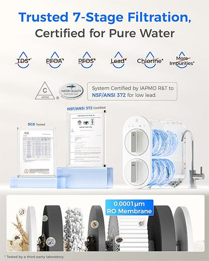 Waterdrop G2P600 Reverse Osmosis System, TDS Reduction, 7 Stage Water Filtration, NSF/ANSI 372 Certified, 600 GPD Tankless RO Water Filter System, Under Sink, 2:1 Pure to Drain