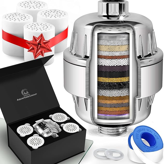 AquaHomeGroup 20 Stage Shower Filter with Vitamin C E and A - Reduces Chlorine, Heavy Metals and Sediment - 5 Cartridges Included - High Pressure - Universal Fit