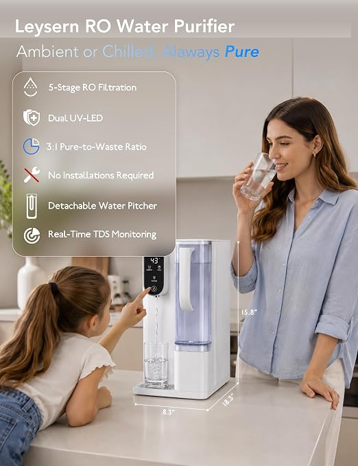 Leysern Cold Countertop Reverse Osmosis Water Filter, No Installation | 7-Stage RO Filtration with UV, Dual-Thermoelectric Cooling, Water Purifier with TDS Monitor, NSF 372 Certified, White