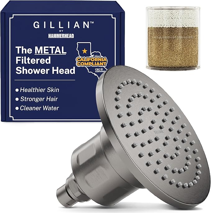 Gillian Filtered Shower Head for Hard Water - High Pressure Metal Showerhead Filter For Hair and Skin with Genuine KDF-55 - Removes Toxic Chemicals, Chlorine and Heavy Metals, Gray