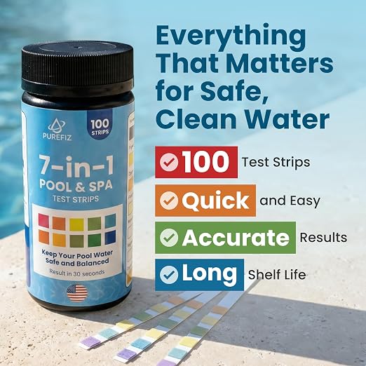 Pool & Spa Test Strips 7-in-1, 100 Strips for Pools, Hot Tubs & Saltwater Spas – Accurately Tests pH, Free & Total Chlorine, Bromine, Alkalinity, Hardness & Cyanuric Acid – Easy, 30-Second Results