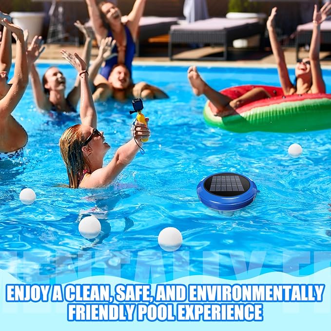 Solar Pool Ionizer & Cleaner: Automatic Floating Water Purifier with Upgraded Copper Ionizer & 4 Scum Absorber Balls, Treats Up to 45, 000 Gallons for Above/In-Ground Pools & Spas