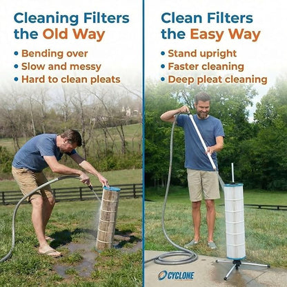 CYCLONE FILTER CLEANER PRO – Patented Hose-Powered Spinning Cartridge Filter Cleaning Tool with Folding Tripod Stand & Pro Tool Bag – Cleans 5X Faster – Fits 3”, 4”, 6” ID Pool Filters