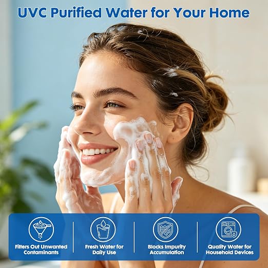 Whole House UV Water Filter System 80W 120V, 12GPM High Flow Whole Home Water Purifier with 3/4” MNPT Ports Equipped with Intelligent Water Flow Switch | UV water treatment system for city & well supply; Smart flow sensor enables fully auto-runs and ex...