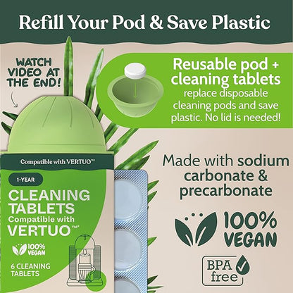 Roobi Nespresso Compatible Vertuo Cleaning & Descaling Kit. Includes 1 Bottle of Descaling Solution, 6 Cleaning Tablets and 1 Reusable Pod. Carbon Neutral Vertuoline Maintenance Kit. 6 Month Supply.