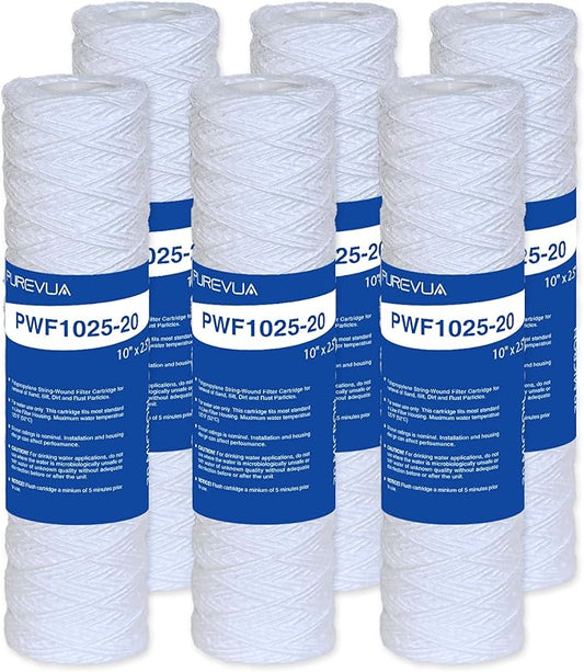 20 Micron 10"x2.5" String Wound Sediment Filter, Whole House Water Filter Cartridge for Well Water, Compatible with CW-F, AO-WH-PRE-R2, WHKF-WHSW, Fits Standard 10" Housings, 6 Pack