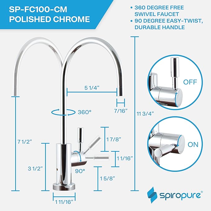 SpiroPure NSF-Certified Lead-Free Air Gap RO Faucet, Polished Chrome, Reverse Osmosis Replacement Water Filter Faucet, 3 Line Filtered Faucet, SP-FC100-CM
