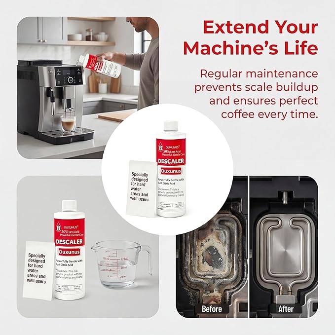 Gentle Descaling Solution Compatible with Breville Coffee Machines, 16.9 fl Oz Professional Formula for Hard Water & Well Users, （4 Uses Descaler）