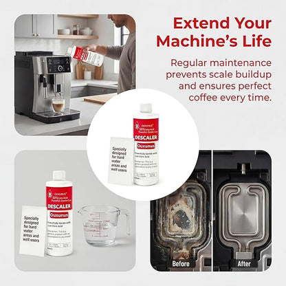 Gentle Descaling Solution Compatible with Breville Coffee Machines, 16.9 fl Oz Professional Formula for Hard Water & Well Users, （4 Uses Descaler）