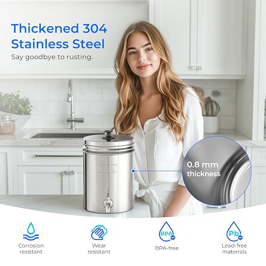 Waterdrop TK-AD Alkaline Gravity Water Filter System, Increase PH | Reduces Lead and Chlorine, with 2 Black Carbon Filters and Metal Spigot for Home, Camping, Travel, Emergencies, 2.25G