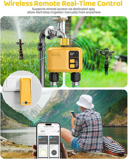 WiFi Water Timer 2 Zone for Garden Hose, Smart Sprinkler Timer with 984ft RF Range, Brass Inlet, APP/Voice Control, Rain Delay, Automatic/Manual Irrigation