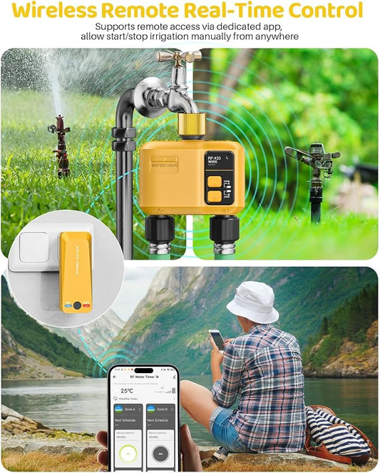 WiFi Water Timer 2 Zone for Garden Hose, Smart Sprinkler Timer with 984ft RF Range, Brass Inlet, APP/Voice Control, Rain Delay, Automatic/Manual Irrigation