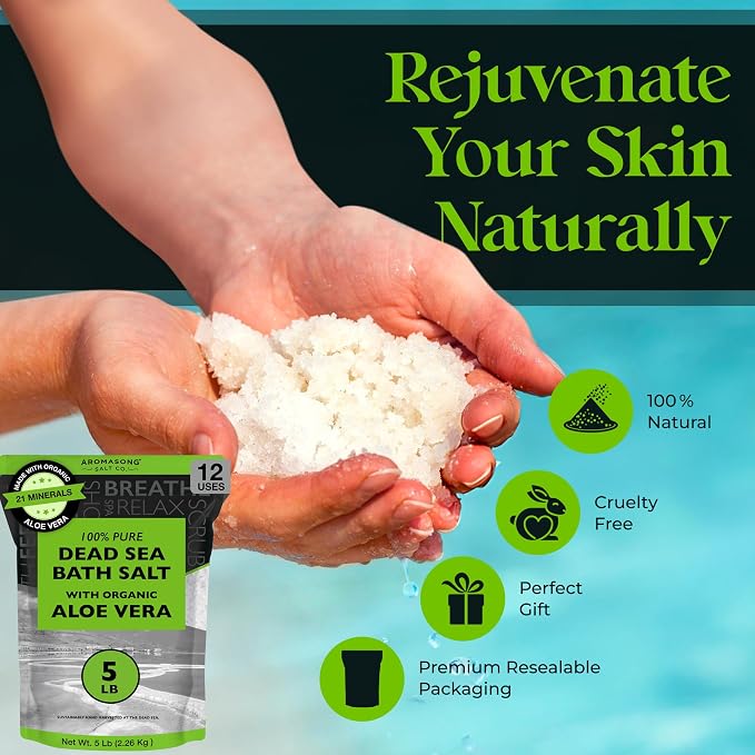 Aromasong Dead Sea Salt with Organic Aloe Vera, Spa Bath Salts, 5 Lbs Fine Bulk resealable Pack, 100% Pure & Natural, Soak for Women & Men for Tired Muscles & Skin Issues (Packaging May Vary)