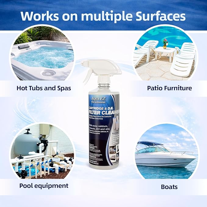 Aqua EZ Cartridge & D.E. Filter Cleaner – Fast Spray & Rinse Formula, Extends Filter Life, Boosts Flow & Circulation, Fresh Orange Scent, Cleans Pool Filters, Equipment, Spas & More (32 oz.)