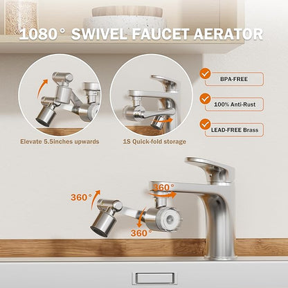Frizzlife Water Filter for Sink Faucet Extender Aerator, 9pcs Filter Reduce 99% Chlorine, 1080° Rotating Brass Swivel Aerator, 2 Modes Attachment Faucet Filter for Skin Kitchen Bathroom Sink, FF1080