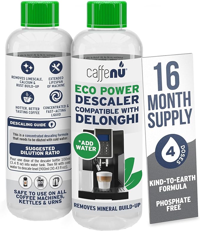 Delonghi Compatible Descaling Solution. 2 Bottles of Descaler Solution. Descaling Kit Removes Limescale For Hotter Coffee. 4 Uses Descaler For Delonghi Coffee Machines.