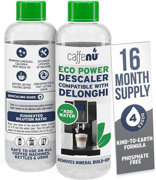 Delonghi Compatible Descaling Solution. 2 Bottles of Descaler Solution. Descaling Kit Removes Limescale For Hotter Coffee. 4 Uses Descaler For Delonghi Coffee Machines.