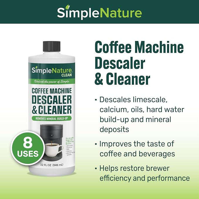 SimpleNature Coffee Descaler (32 fl oz) - Plant-Based Formula Removes Limescale & Buildup from Espresso, Drip, Pod & Single-Serve Machines | Improves Performance & Brew Quality