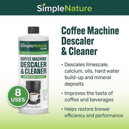 SimpleNature Coffee Descaler (32 fl oz) - Plant-Based Formula Removes Limescale & Buildup from Espresso, Drip, Pod & Single-Serve Machines | Improves Performance & Brew Quality