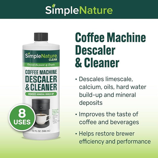 SimpleNature Coffee Descaler (32 fl oz) - Plant-Based Formula Removes Limescale & Buildup from Espresso, Drip, Pod & Single-Serve Machines | Improves Performance & Brew Quality