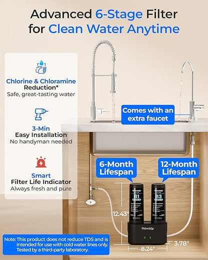 Waterdrop DLB Under Sink Water Filter, Reduces Chlorine, Chloramine, PFAS, Bad Taste, Under Sink Water Filtration System with Separate Faucet,Water Filter for Sink Faucet,Life Indicator, Quick Change