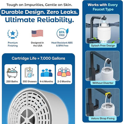 17-STAGE Bath Filter for Tub with Premium Design & Leak-Proof, 7000-Gallon Long-Life Cartridge with Vitamins C & E + Essential Minerals Removes Chlorine and Softens Hair, Skin & Nails | Patent Pending