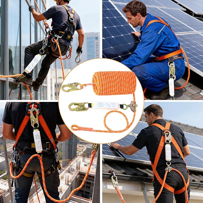 50FT Vertical Lifeline Assembly, 310LBS Capacity Fall Protection Safety Rope, Roofing & Tree Climbing Line Kit with Grab Hooks, Snap Hooks and Shock Absorber