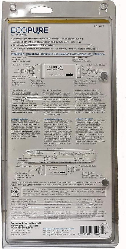 EcoPure EPINL30 5-Year In-Line Refrigerator Water Filter, Universal Fit for Most Fridges, Ice Makers, RVs & Boats, Reduces Chlorine Taste & Odor – Easy DIY Install with 1/4" Fittings (Pack of 4)