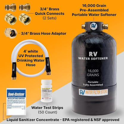 Essential RV Water Softener Portable 16,000 Grain w 4ft Hose, 3/4" Fittings, 2X Sets of Quick Connects, 1X Sani System, Softens Hard Water Prefilled NSF Resin