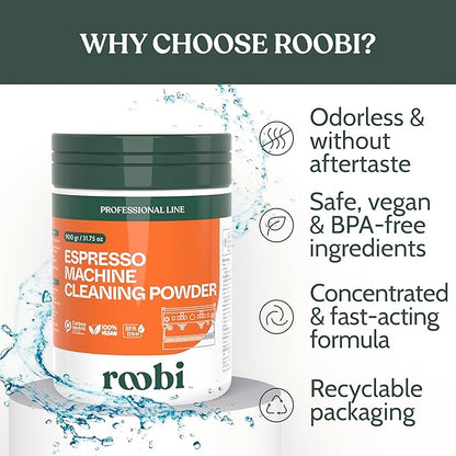 Roobi Professional Espresso Machine Cleaning Powder. Carbon Neutral Espresso Cleaner Powder. Up to 90 uses, 900gr.