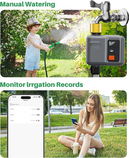 WiFi Sprinkler Timer 1 Zone with 984 Feet RF Gateway, 2 Pack Dark Gray-Brass Inlet Smart Water Timer for Garden Hose with Rain Delay/Manual/Automatic,WiFi Water Timers for Garden