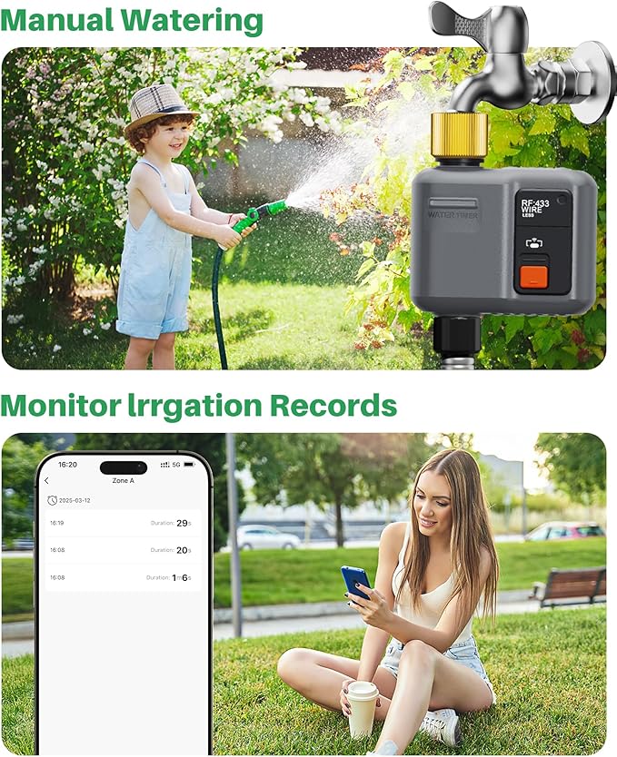 WiFi Sprinkler Timer 1 Zone with 984 Feet RF Gateway, 1 Outlet Dark Gray-Brass Inlet Smart Water Timer for Garden Hose with Rain Delay/Manual/Automatic,WiFi Water Timers for Garden