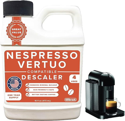 Tillbrook Descaler Compatible with Nespresso Vertuo Machine - 1 YEAR SUPPLY Concentrated Descaler for Nespresso - 16oz Coffee Maker Cleaner for Nespresso, Breville, Keurig, Espresso Machine - 4 Uses