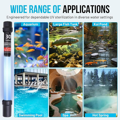 30W UV-C Light with 17ft Cable for 200-2000 Gallon Aquariums, Ponds & Pools - Professional UV Water Clarifier for Koi Ponds, Fish Tanks, Spas & Cold Plunge
