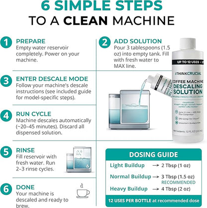 Think Crucial Professional Strength Citric Acid Coffee Machine Descaler – 12 FL OZ – Up to 12 Uses – Universal Concentrate – Compatible with De'Longhi®, Keurig®, Breville®, Nespresso® & Most Machines