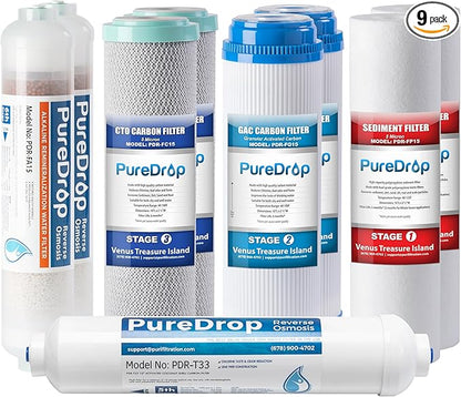 PureDrop PDR-F9K 1-Year Reverse Osmosis Water Filter Replacement Set for 6-Stage Under-Sink Water Filtration Systems with Alkaline Mineral Filter