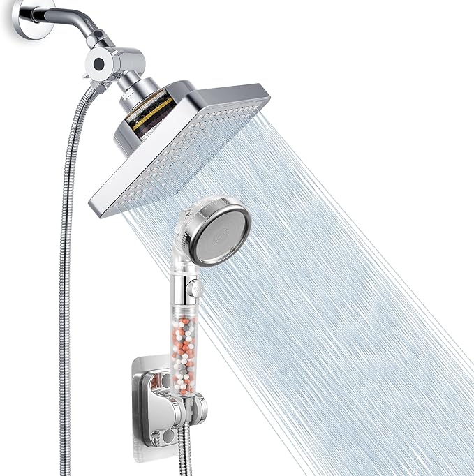Filtered Shower Head with Handheld Combo, High Pressure Rain Showerhead Filter for Remove Chlorine and Harmful Substances, with Self-adhesive Holder/59" Hose, Chrome